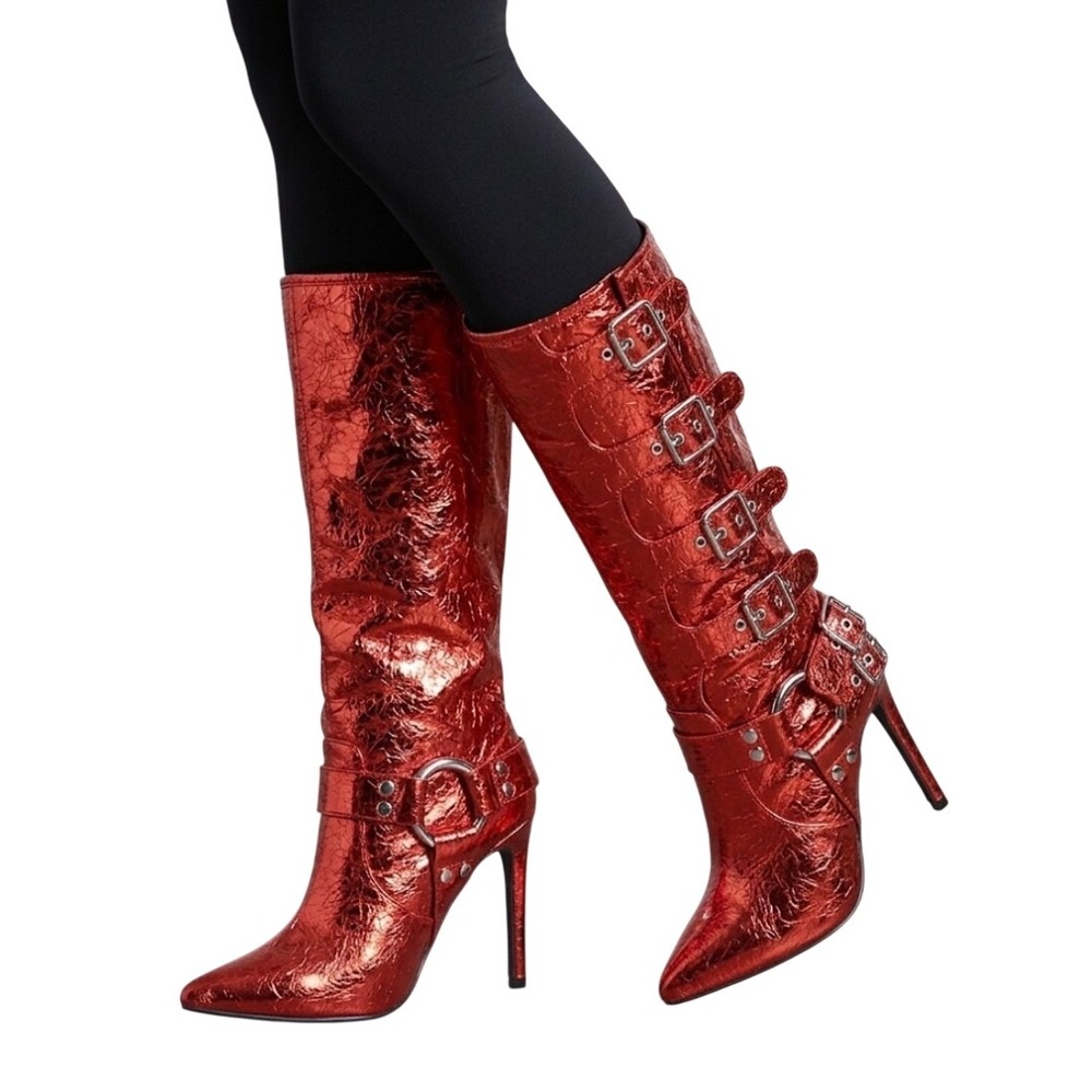Wild Diva Metallic Red Harness Buckle Stiletto Boots Pointed Toe Mid Calf 6 NEW